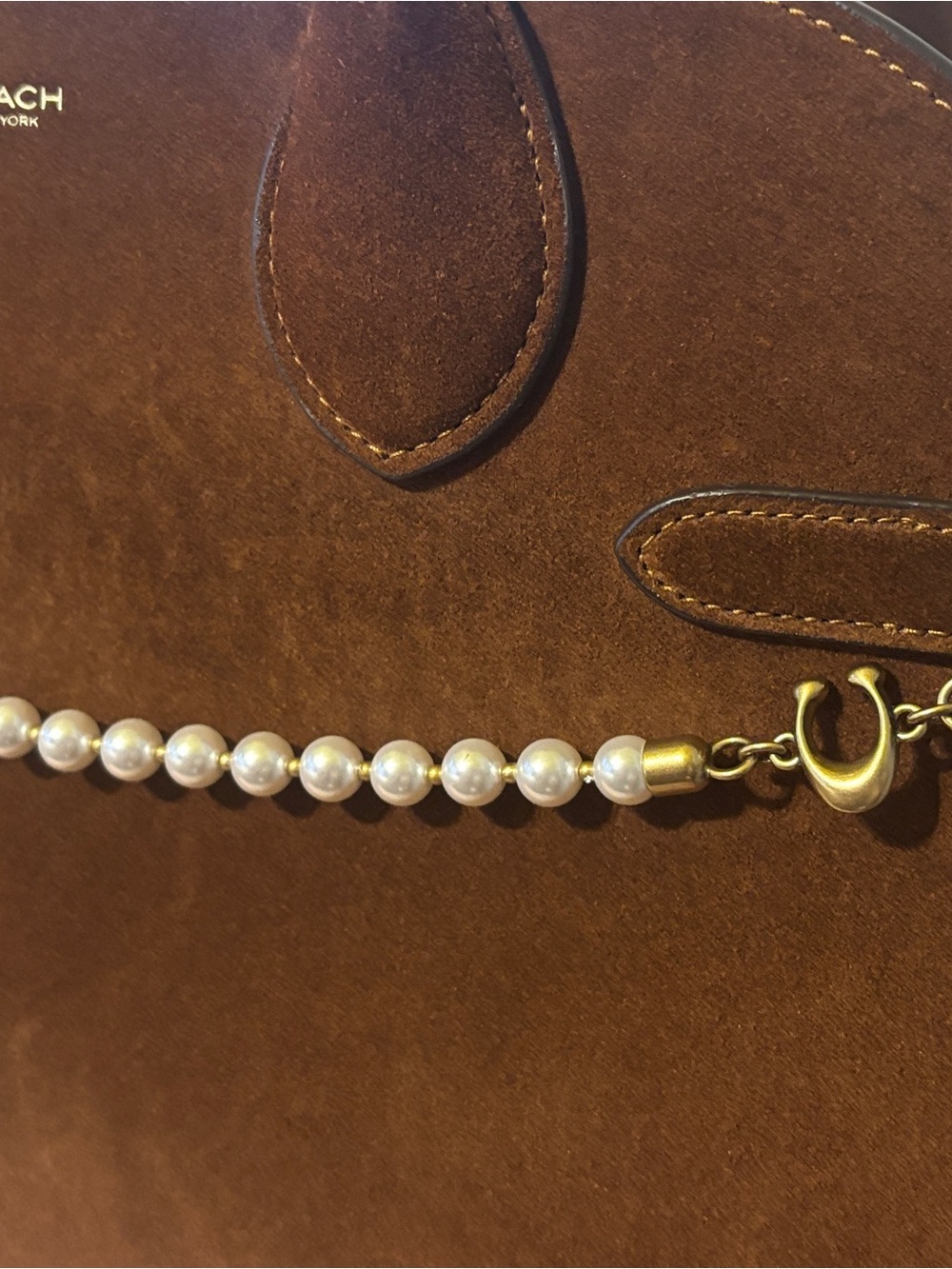 Coach Soft Empire Carryall Bag 40 in Brown Suede Satchel with Pearl Accent Strap - Picture 12 of 15